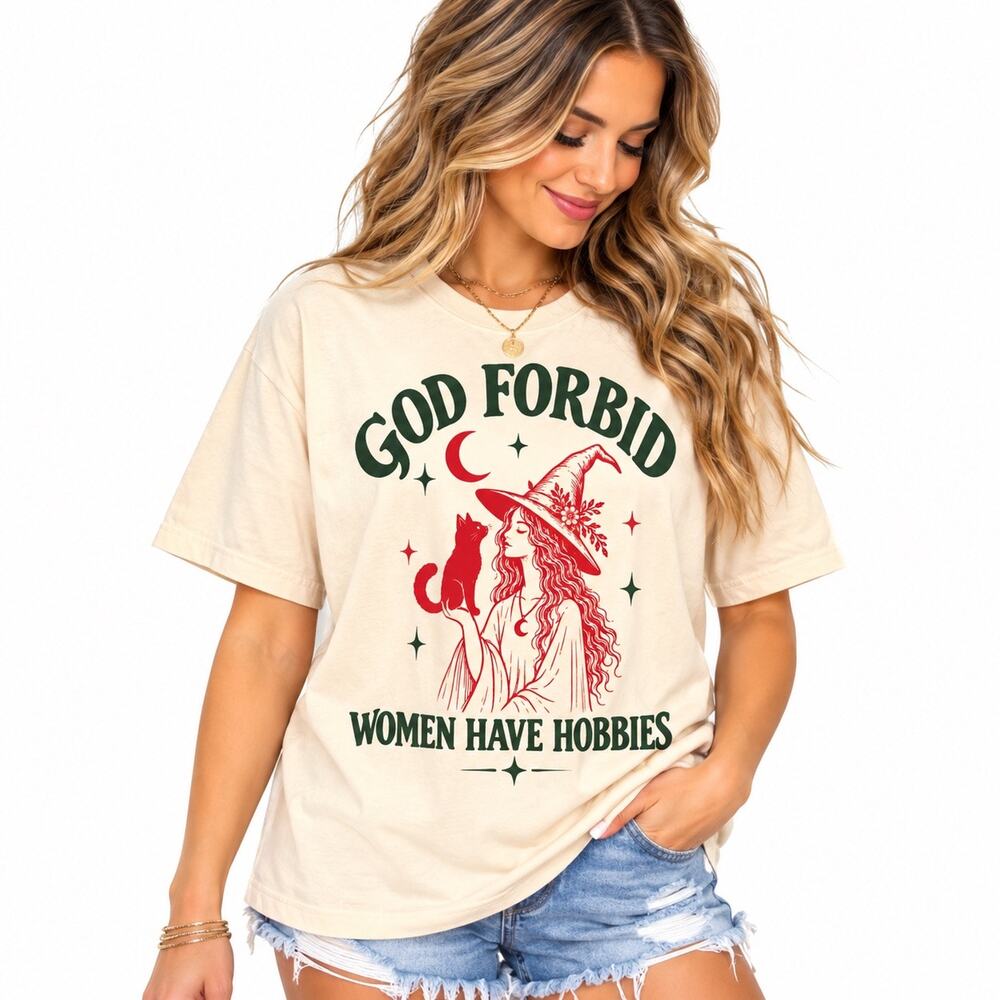 Comfort Colors Cream God Forbid Women Have Hobbies Witch Graphic Tee Sz XL NWOT